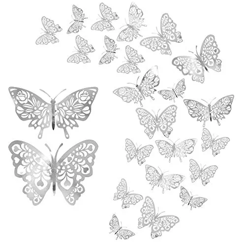 Stücke Schmetterling Wandaufkleber,CattleyaHQ Mixed 3D Schmetterlinge Wandtattoos,Lebhaft Blitz Wandaufkleber für Zuhause, Schlafzimmer, Babyzimmer Dekoration (Silber) 24