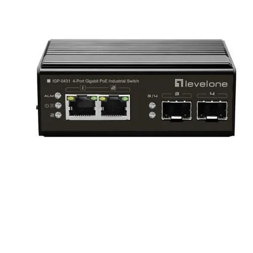 IGP-0431 - 4-Port Unmanaged Switch - Netzwerk-Switch, 2 x 10/100/1000 PoE + 2 x Gigabit SFP, ideal für DIN-Schienenmontage, bietet zuverlässige PoE-Stromversorgung und DC-Stromoptionen.