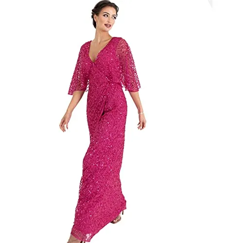 Maya Deluxe Damen Womens Maxi Dress Ladies Sequin Embellished Wrap A-Line Dress for Wedding Guest Bridesmaid Evening Prom Ball Occasion Kleid, Fuchsia,