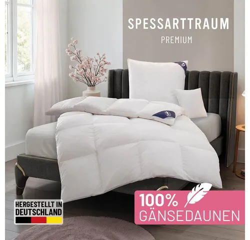 Gänsedaunenbettdecke SPESSARTTRAUM Premium****, 200x200 cm, Made in Germany - Genießen Sie erholsamen Schlaf mit der hochwertigen Gänsedaunenbettdecke SPESSARTTRAUM. Sie bietet exzellente Wärmeisolation und ist ideal für alle Jahreszeiten. Hergestellt in Deutschland mit ethisch gewonnenen Daunen.