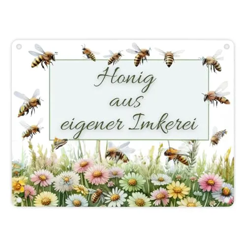 Bienenwiese Metallschild in 15x20 cm mit Spruch Honig aus eigener Imkerei Perfekt für Imker mit Liebe zur Natur Blumenwiese summenden Insekten