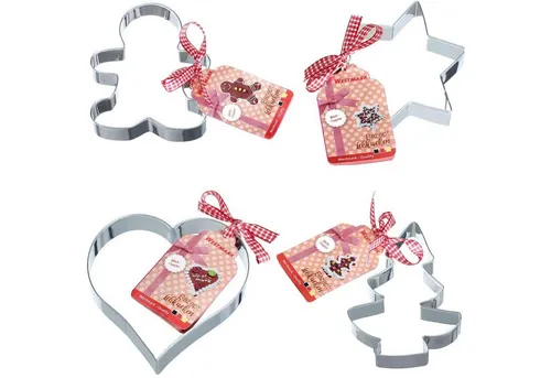 WESTMARK Ausstechform Set für Lebkuchen, 4-tlg., 4 unterschiedliche Motive, Inklusive Rezept, Edelstahl, Schneidkante