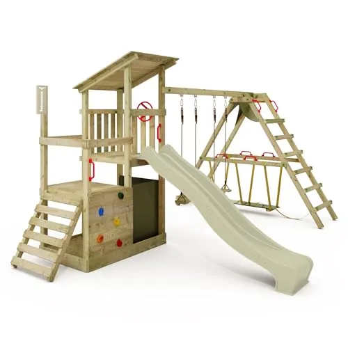 FATMOOSE Spielturm Klettergerüst FruityForest Fun XXL - Outdoor Spielturm mit Surfanbau, Schaukel, Rutsche und großem Sandkasten für unvergessliche Familienmomente. Stabil und sicher mit 10 Jahren Garantie, aus hochwertigem europäischem Holz.