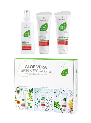 LR Aloe VIA Aloe Vera Box 3tlg – Feuchtigkeitspflege - Pflanzliche Heilmittel mit 3 hochwertigen Aloe Vera Produkten: Creme, Concentrate und Emergency Spray für intensive Feuchtigkeit und Hautpflege.
