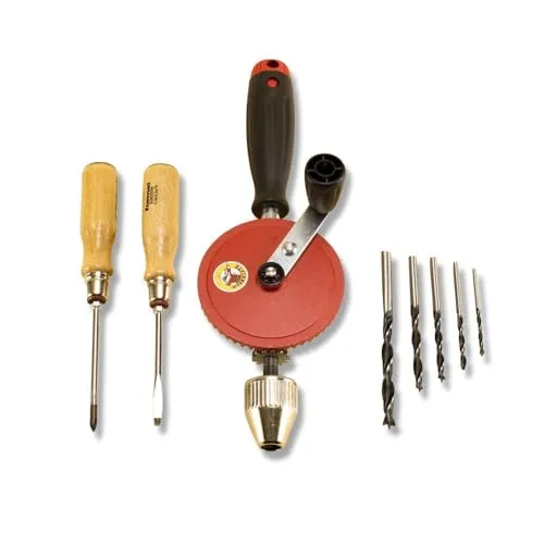 Die Werkkiste: Werkdachs' Sparset - Bohren und Schrauben, Handbohrmaschine, 5x Holzbohrer 2x Schraubendreher