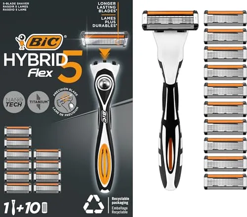 BIC Hybrid 5 Flex Rasierapparat - Herrenrasierer mit 5 Klingen und flexiblen Griff für eine gründliche und sanfte Rasur, inklusive 10 Nachladungen für langanhaltende Nutzung.