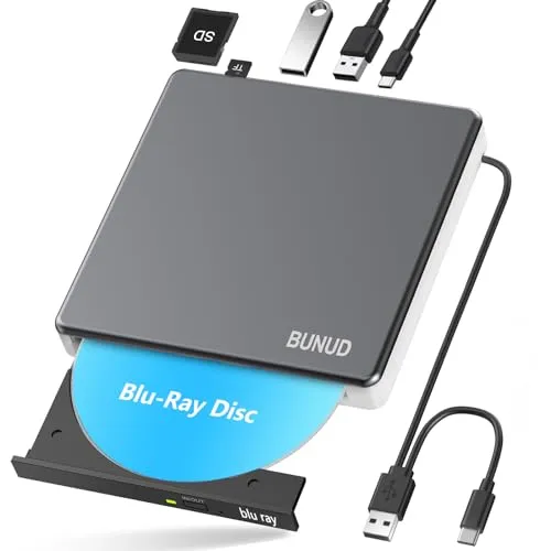 BUNUD Externes Blu Ray CD DVD Laufwerk USB 3.0 & Type-C CD/DVD Blu-Ray Brenner Writer mit 2 USB & SD/TF Slots, Optical 3D BD Bluray Laufwerk Extern für PC Laptop Windows 11/10 Mac MacBook