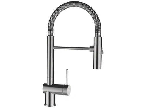 Schock Sina Edelstahl massiv - 515000EDM Hochdruckarmatur - Armatur mit 360° Schwenkbereich und Brausefunktion, ideal für eine flexible Nutzung in der Küche.