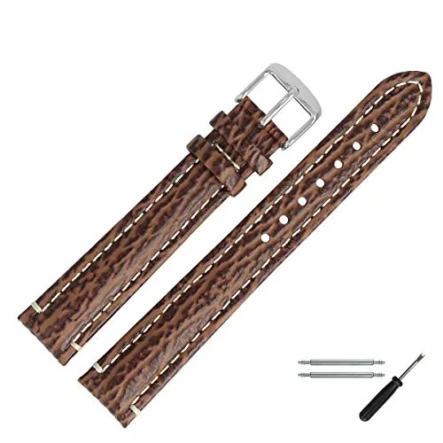 MARBURGER Uhrenarmband 20mm Leder Braun Silber XL Hai Prägung Mit Naht - Montage Set 6822032000120