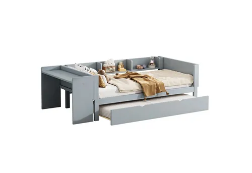 OKWISH Kinderbett Hausbett mit ausziehbarem Bett und Schreibtisch - Robustes Kinderbett 90x200cm aus Kiefernholz, ideal für Lernen und Ausruhen. Mit praktischem Regal für einfache Aufbewahrung und einem ausziehbaren Bett für Übernachtungsgäste.