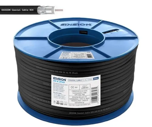EDISION OCX-250 Koaxialkabel 250m, Antennenkabel 130dB Outdoor/Indoor PE Schwarz, reines Kupfer Innenleiter CU, SAT Kabel, geeignet für DVB-S2, DVB-T/T2, DVB-C, BK-Anlagen, CCTV, Kunststoffspule 250m