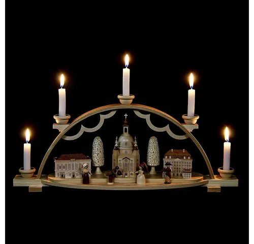 Müller Kleinkunst Schwibbogen Frauenkirche Dresden 47cm - Schwibbogen mit beeindruckender Frauenkirche-Szene, beleuchtet mit Wachskerzen – ein einzigartiges Kunstwerk für festliche Stimmung.