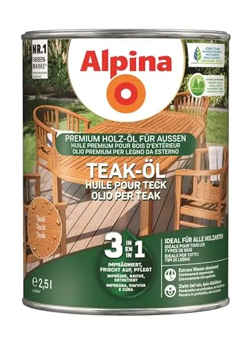Alpina Gartenholz-Öl 3in1 Teak 2,5 Liter - Holzöle, schützt und pflegt Ihr Teakholz mit einer speziellen 3in1 Formel für Langlebigkeit und strahlende Farben.