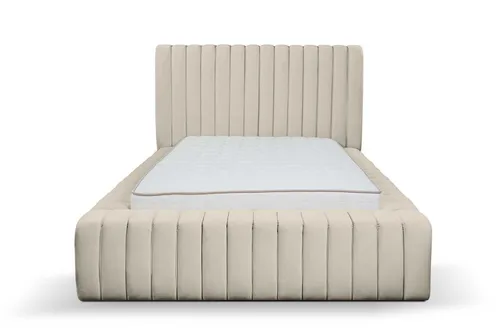 Luxus Doppelbett aus Holz mit beigem Polster - Elegantes Doppelbett für Erwachsene, robustes Holzgestell mit stilvollem Polsterbezug. Ideal für einen komfortablen Schlaf. Maße: 200 x 220 x 125 cm, Montage erforderlich.
