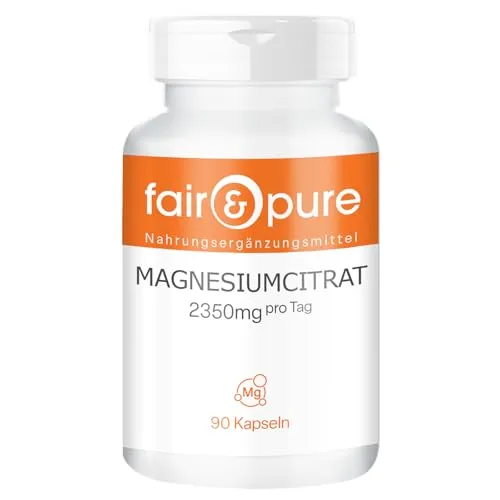 Fair & Pure Magnesiumcitrat 2350mg, 90 Kapseln, hochdosiert mit 375mg reinem Magnesium pro Tagesdosis, Nahrungsergänzungsmittel vegan ohne Magnesiumstearat, in Deutschland hergestellt