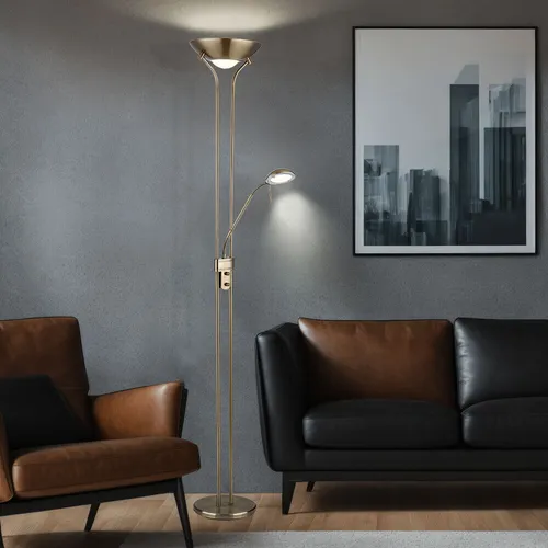LED Stehlampe Deckenfluter mit Leselampe - dimmbar & flexibel - Stehleuchten mit beweglicher Leselampe, individuell dimmbar und im eleganten altmessing Design, ideal für gemütliche Wohnräume.