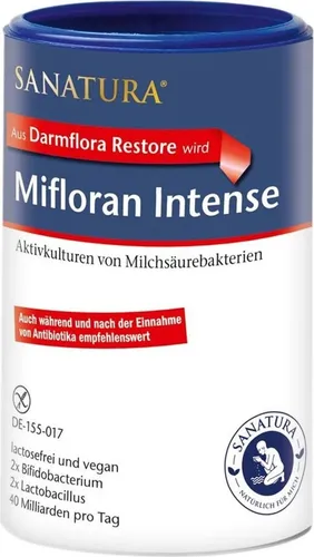 Sanatura Mifloran Intense | 200 g | Hochdosierte Milchsäurebakterien | Vegan - Nahrungsergänzungsmittel für eine gesunde Darmflora, ideal nach Antibiotikaeinnahme. Enthält 50 Milliarden Milchsäurebakterien pro Portion, fructosefrei und für die ganze Familie geeignet.