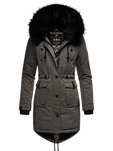 Navahoo Damen Warmer Winterparka Luluna Prc Grau XXL - Funktionsjacken – kuscheliger Winterparka mit abnehmbarer Kunstfellkapuze und tailliertem Schnitt, ideal für kalte Tage.