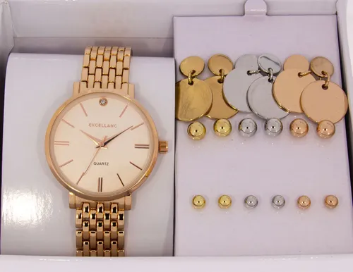 Schmuckset für Damen 10-teilig in Roségold mit Armbanduhr und Ohrsteckern