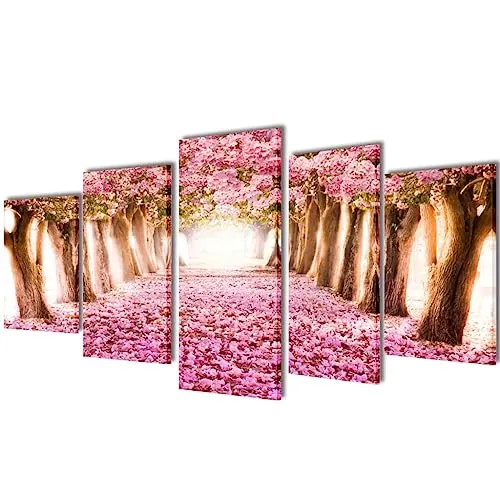 Bilder Dekoration Set Kirschblüte 100 x 50 cm - 5-teiliges Wanddekor aus hochwertigem, wasserdichtem Leinwandprint, ideal für moderne Wohnräume. Einfache Montage ohne Rahmen, Gesamtgröße 100 x 50 cm.