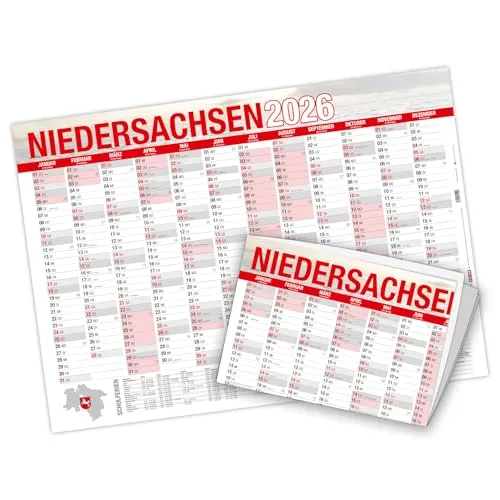 itenga Wandkalender 2026 A2 – Jahresplaner großformatig, faltbar, mit Übersicht & Feiertagen stabile Papierqualität, ideal für Büro, Küche, Schulplan (2026 - Niedersachsen)
