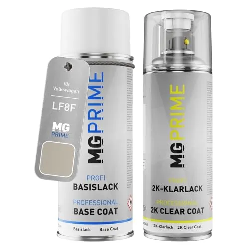 Produktbild MG PRIME Autolack 2K Spraydosen Set für Volkswagen VW LF8F / F8F Sahara Beige Metallic Basislack 2 Komponenten Klarlack Sprühdose
