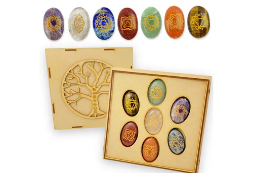 Lasernauten Edelstein Chakra XXL Set mit Holzbox - Deko-Objekte: Hochwertige Holzbox mit 7 Chakra-Steinen für spirituelle Harmonie und Energieausgleich, ideal als Geschenk für Yogaliebhaber.