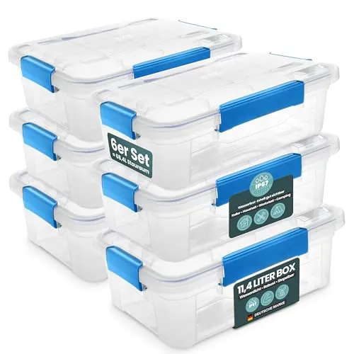 Kreher® Aufbewahrungsbox 11,4 Liter mit Deckel – wasserdicht & staubdicht, transparent & stapelbar, BPA- & schadstofffrei, robuste Kunststoffbox mit Silikondichtung & 4 Clips (6, 11,4 Liter)
