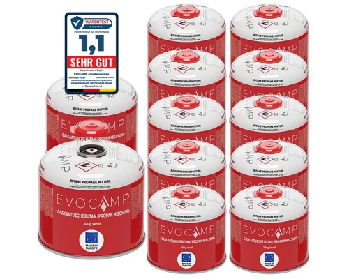 EVOCAMP Gaskartusche Butan Propan 300g - Schraubventil für Weber Q100/1200 - Gaskartuschen für Grill und Camping, 12 Stück, mit sicherem Schraubventil und robustem Edelstahl für zuverlässige Nutzung.