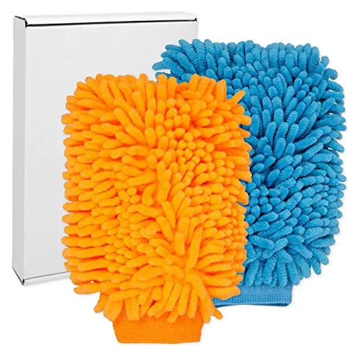 Auto Waschhandschuhe, 2 Stück, in Orange und Blau, weiche Mikrofaser, extrem saugstark und schonend weich, streifenfreie Kfz Nassreinigung, Autowaschhandschuh, Microfaser Lappen Pkw, Felgenhandschuh