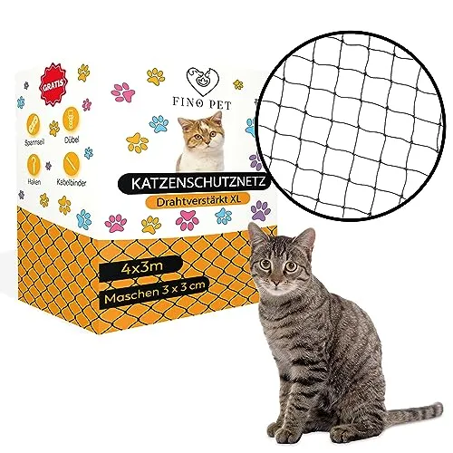 FinoPet Katzennetz für Balkon Drahtverstärkt 4x3 Meter - Balkonnetze für Katzen, drahtverstärkt und reißfest für maximale Sicherheit Ihrer Katze. Ideal für Balkon, Fenster und Garten, einfach ohne Bohren zu montieren!