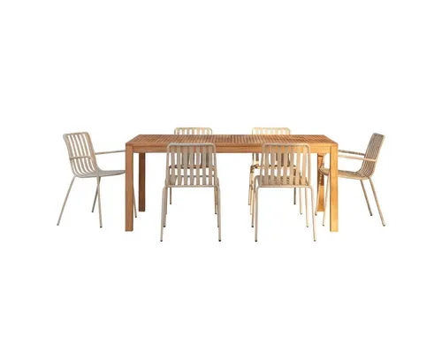 Tikamoon Garten-Essgruppe Téo - Teak und Metall Set für 6 Personen - Elegantes 6-teiliges Gartenmöbel-Set aus FSC®-zertifiziertem Teak und Metall. Ideal für Terrasse oder Garten, schafft eine einladende Atmosphäre für gesellige Stunden im Freien. Robust, modern und vormontiert geliefert.