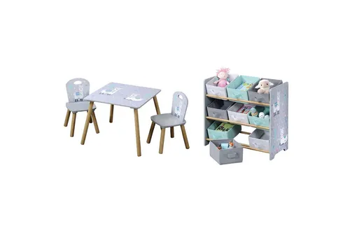 Kesper Kindertisch Kindertisch Set mit 2 Stühlen und Aufbewahrungsregal, Material: Faserplatte/Holz, Farbe: Alpaka
