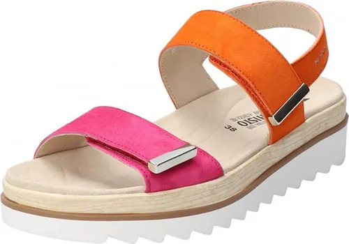 Mephisto Plateau Sandaletten Dominica Damen 39 EU Orange - Trendige Plateau-Sandaletten in leuchtendem Orange, perfekt für den Sommer. Das weiche Veloursleder sorgt für hohen Tragekomfort, während die spezielle Laufsohle eine angenehme Dämpfung bietet. Ideal für stilvolle Auftritte im Alltag.
