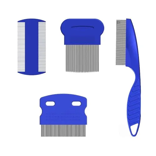 Haustierkämme Set, 4 Pcs Edelstahl Flohkämme, Plastik Doppelseitig Nissenkamm, Feinzahniger Kamm, für Lang und Kurzhaarige Tiere