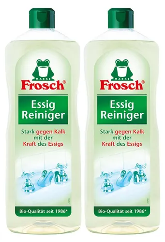 FROSCH Essig Reiniger 2x 1 Liter - Stark gegen Kalk - Der Frosch Essig Reiniger entfernt mühelos Kalk und Schmutz in Küche und Bad. 100% pflanzlich und in umweltfreundlicher rPET-Flasche. Für strahlend saubere Oberflächen!