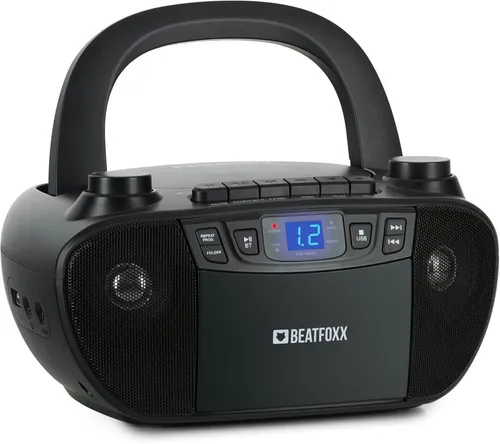 Beatfoxx CDB-1016U BK Boombox - Kompakte CD-Boombox mit Bluetooth, USB-Anschluss und Kassettendeck, ideal für Musikliebhaber, die vielseitige Hörmöglichkeiten schätzen.