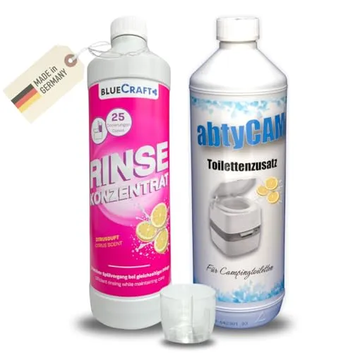Bluecraft Rinse + abtyCAM Sanitärflüssigkeit für Spülwassertank & Abwassertank 1 L - Camping - Sanitärkonzentrat für Campingtoilette mit Zitrusduft (1000 ml Rinse mit Messbecher + 1000 ml abtyCAM)