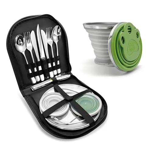 Camping Geschirr Set mit Bechern – Besteckset mit Edelstahl Gabeln, Messer, Löffel, Teller und Silikonbechern – Tragbares Besteck für Outdoor, Picknick, Grillen und Wandern. [12-teilig für 2 Personen]