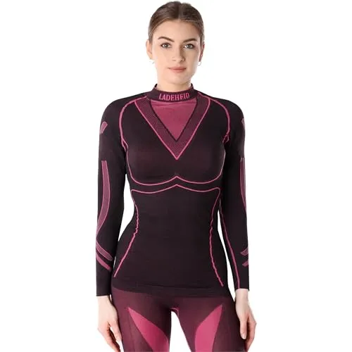 Ladeheid Thermounterwäsche Damen Funktionsunterwäsche Langarm Shirt Thermoaktiv LAGI004 (Schwarz/Rosa, S)