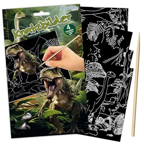 TapirElla Kratzbilder – Kreatives Mal- und Bastelset für Kinder – 4 Motive - Magische Regenbogen-Effekte – DIY Kratzpapier, Holzstift, Kratzblock, Geschenk Idee Lutz Mauder (Dinosaurier - bunt)