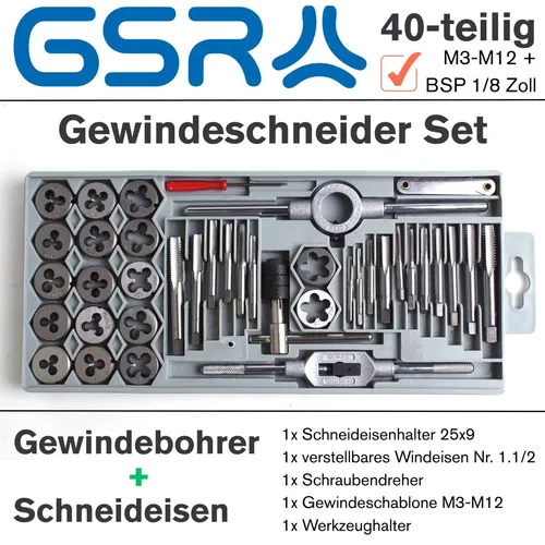 Gewindeschneider Satz 40 tlg M3-M12 + BSP 1/8 Zoll - Komplettset mit metrischen und BSP Gewindeschneidern, ideal für präzise Bearbeitung in Werkstätten und Heimwerkprojekten.