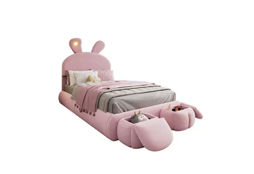 Odikalo Kinderbett Polsterbett Einzelbett Hasenohren LED Stauraum Hocker Samt Rosa 90/140