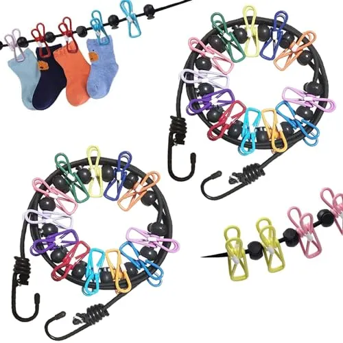 Tragbare Wäscheleine, 2 Stück Elastische Reise-Wäscheleine mit 24 Wäscheklammern, Outdoor wäscheleine, Wäscheklammern Camping für Reise Urlaub Outdoor Camping Wohnheim(Bunt)
