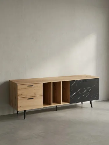 Modernes Lowboard in Eiche-Nachbildung mit Marmor-Look - Stylisches TV-Lowboard in Eiche-Nachbildung, ideal für TVs bis 70 Zoll; bietet viel Stauraum mit Schubladen und Türfach für Spiele und DVDs.