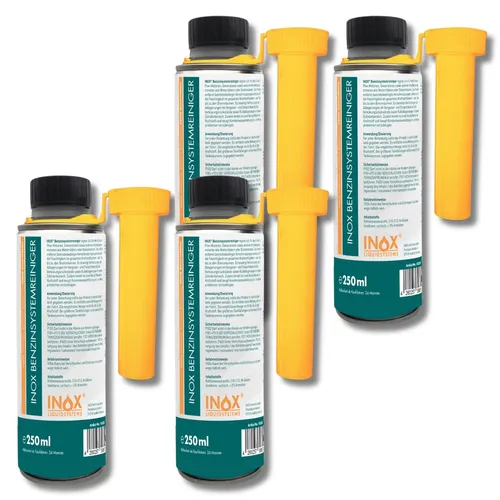 INOX Benzinsystemreiniger 4 x 250ml – Additiv für Benzinmotoren, reinigt Einspritzung & Vergaser, bindet Feuchtigkeit, für Pkw, Motorrad & Boot