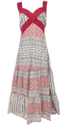 GURU SHOP Boho Sommerkleid - Beige/Schwarz, Damen Maxikleid aus Baumwolle - Freizeitkleid für Damen, elegantes Maxikleid mit elastischen Trägern und gesmoktem Rückenteil für optimalen Tragekomfort und eine perfekte Passform.