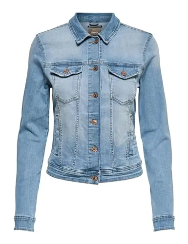 ONLY Damen Jeansjacke ONLTIA | Kurze Denim Übergangsjacke in Blau - Lässiges Jeans-Jäckchen in angesagter gewaschener Optik mit 2 Brusttaschen, ideal für den lässigen Alltag. 98% Baumwolle für hohen Tragekomfort.