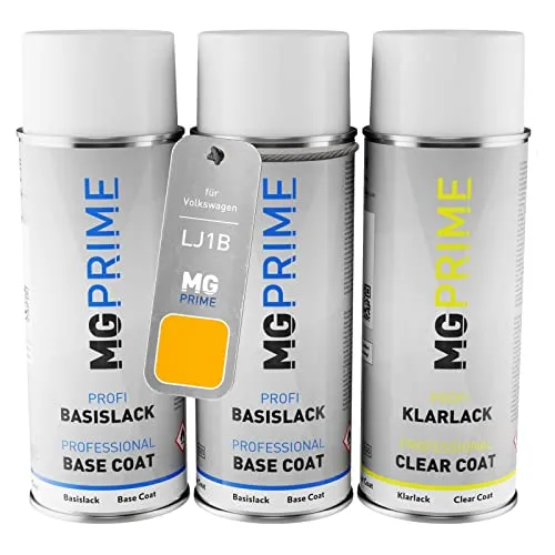 MG PRIME Autolack Sprühdosen Set für Volkswagen VW LJ1B / J1B / X3 Rapsgelb/Raps Yellow Grundlack Basislack Klarlack Spraydose 400ml