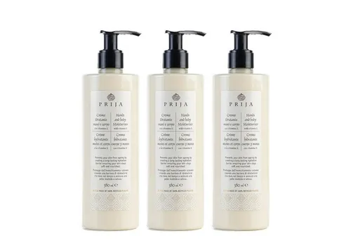 PRIJA Hand- & Körperlotion mit Vitamin E & Sheabutter, 3-tlg. - Natürliche Körperlotion mit Vitamin E und Ginseng für optimale Feuchtigkeit und Pflege. Ideal für jeden Hauttyp, in recycelbaren Verpackungen und mit geprüfter Qualität – Ihr täglicher Luxus für strahlende Haut!